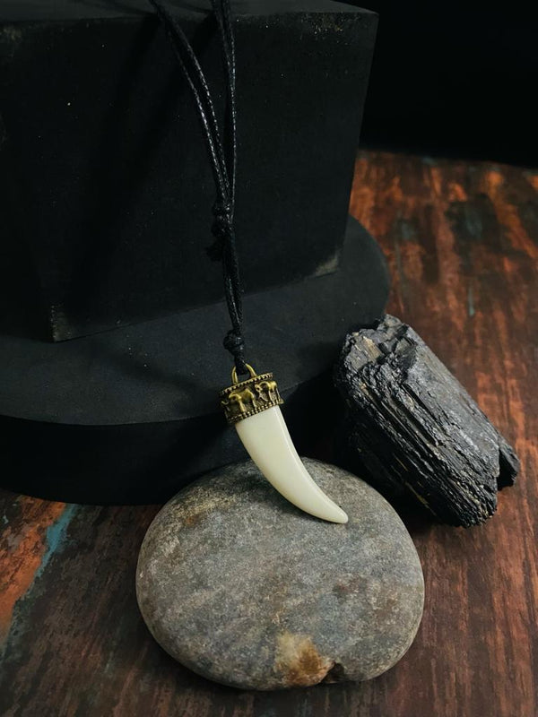 REGAL CROWN - Faux Ivory Tusk Pendant, Antique Gold Crown with Black Cotton Cord Adjustable Necklace for Men and Boys.