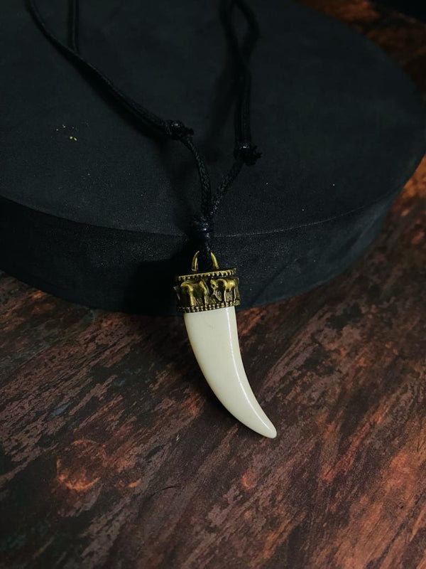 REGAL CROWN - Faux Ivory Tusk Pendant, Antique Gold Crown with Black Cotton Cord Adjustable Necklace for Men and Boys.