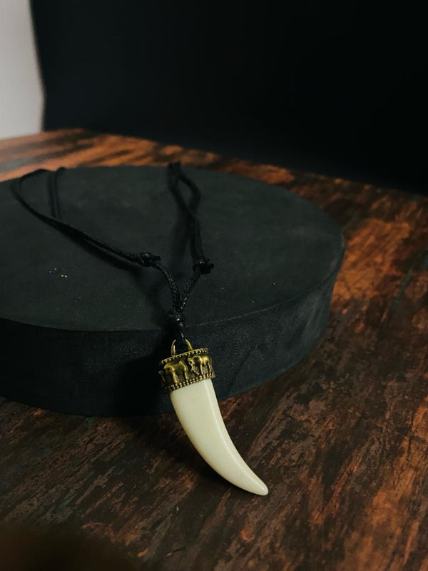 REGAL CROWN - Faux Ivory Tusk Pendant, Antique Gold Crown with Black Cotton Cord Adjustable Necklace for Men and Boys.
