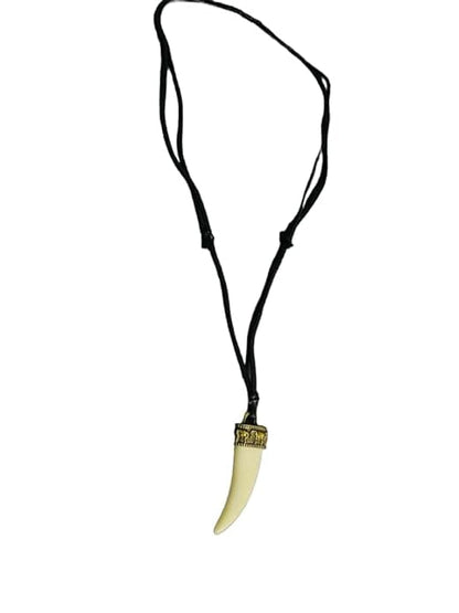 THE MEN THING Leather Necklace REGAL CROWN - Faux Ivory Tusk Pendant, Antique Gold Crown with Black Cotton Cord Adjustable Necklace for Men and Boys.