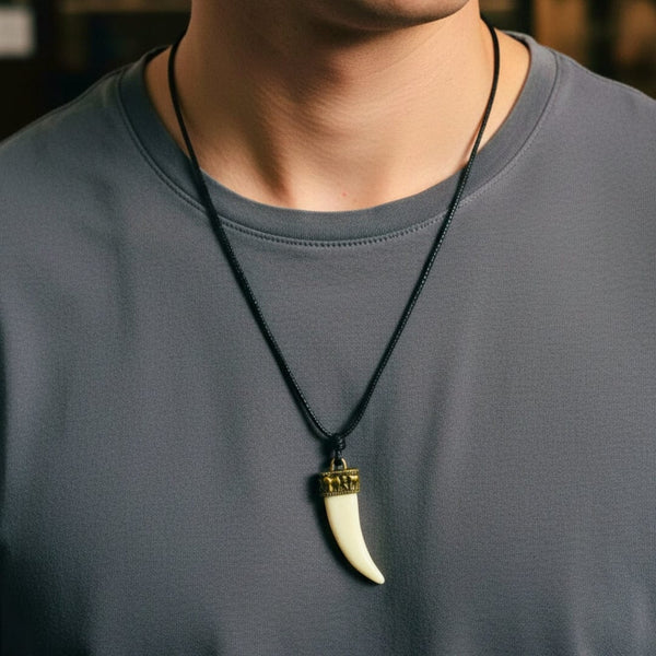 REGAL CROWN - Faux Ivory Tusk Pendant, Antique Gold Crown with Black Cotton Cord Adjustable Necklace for Men and Boys.