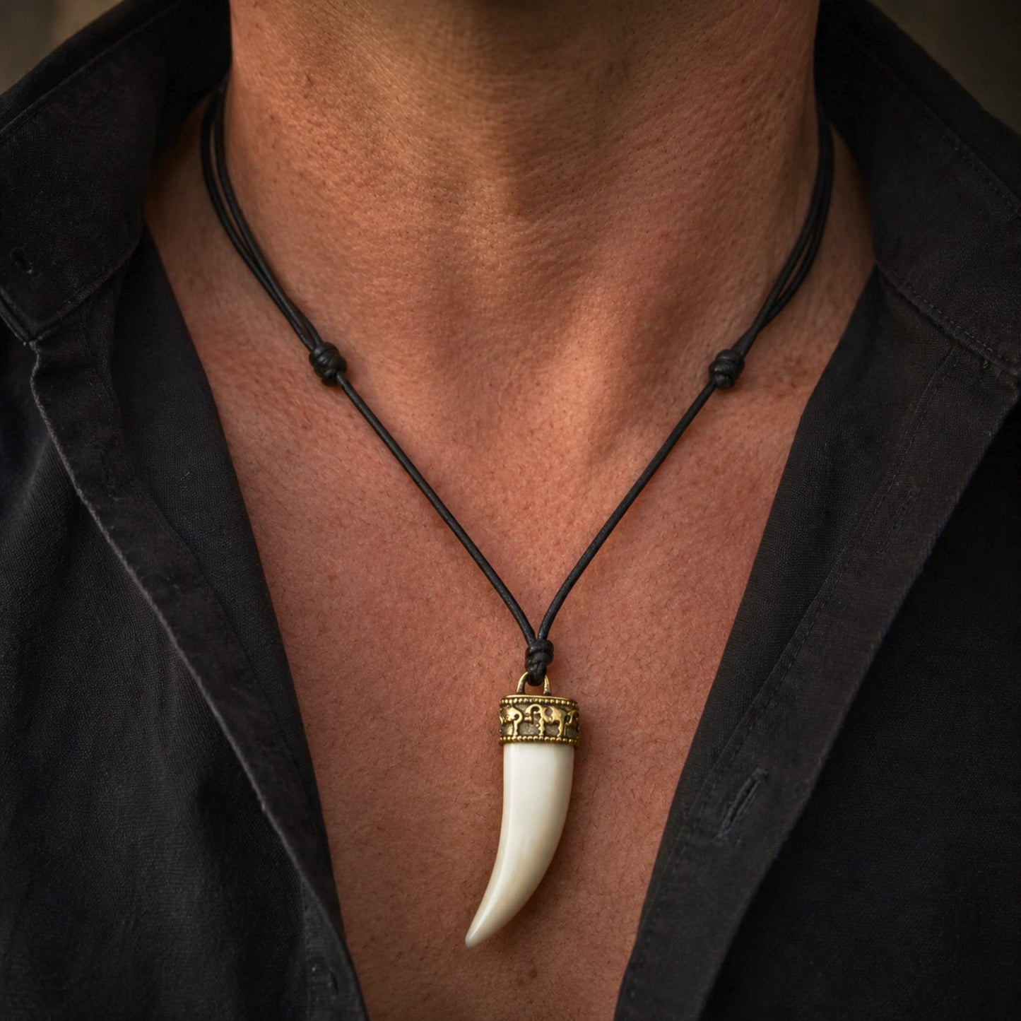 THE MEN THING Leather Necklace REGAL CROWN - Faux Ivory Tusk Pendant, Antique Gold Crown with Black Cotton Cord Adjustable Necklace for Men and Boys.