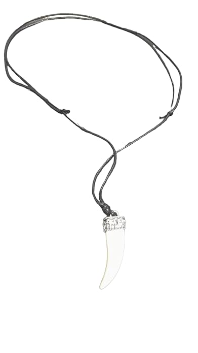 THE MEN THING Leather Necklace REGAL CROWN - Faux Ivory Tusk Pendant, Antique Silver Crown with Black Cotton Cord Adjustable Necklace for Men and Boys.