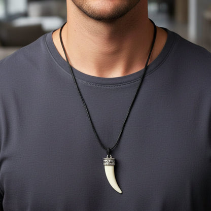 THE MEN THING Leather Necklace REGAL CROWN - Faux Ivory Tusk Pendant, Antique Silver Crown with Black Cotton Cord Adjustable Necklace for Men and Boys.