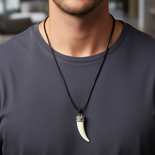 THE MEN THING Leather Necklace REGAL CROWN - Faux Ivory Tusk Pendant, Antique Silver Crown with Black Cotton Cord Adjustable Necklace for Men and Boys.