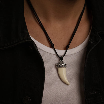 THE MEN THING Leather Necklace REGAL CROWN - Faux Ivory Tusk Pendant, Antique Silver Crown with Black Cotton Cord Adjustable Necklace for Men and Boys.