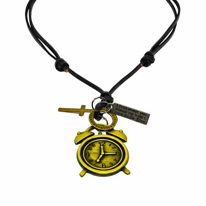 THE MEN THING Leather Necklace RETRO VINTAGE CLOCK – 1.8-Inch Pure Stainless Steel Pendant with Adjustable Leather Rope for Men & Boys