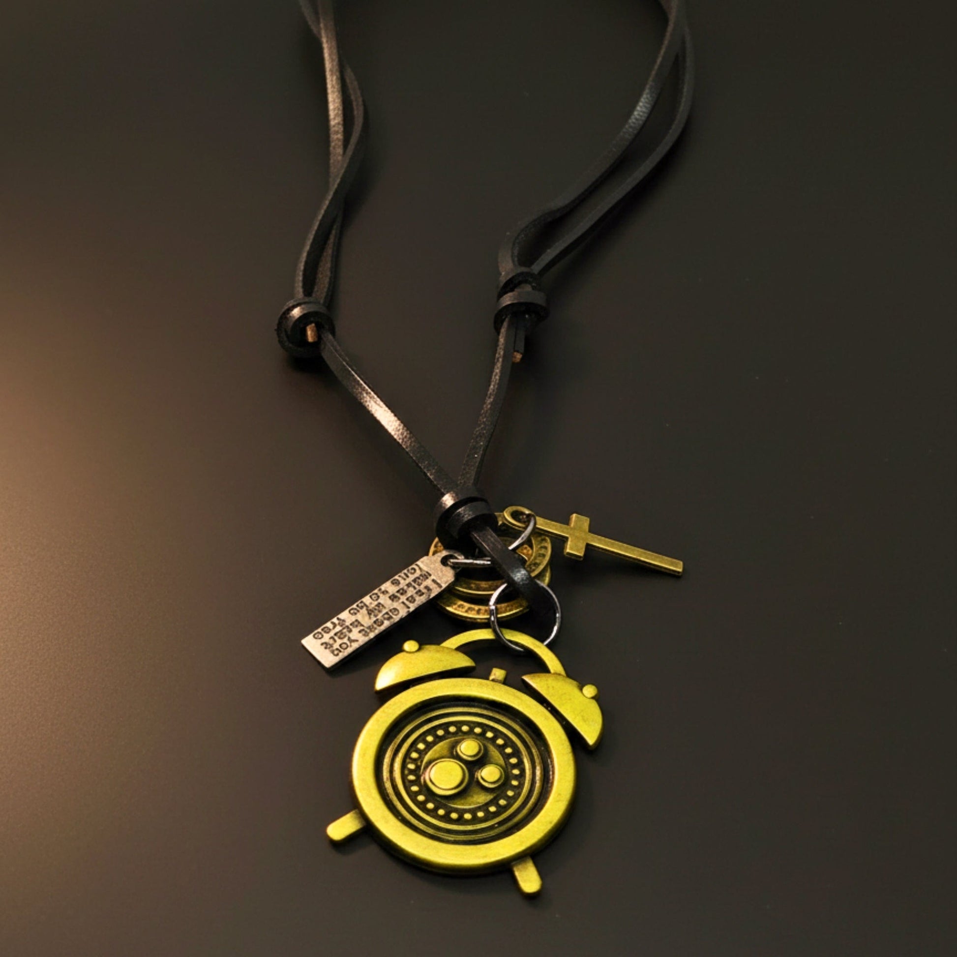 THE MEN THING Leather Necklace RETRO VINTAGE CLOCK – 1.8-Inch Pure Stainless Steel Pendant with Adjustable Leather Rope for Men & Boys