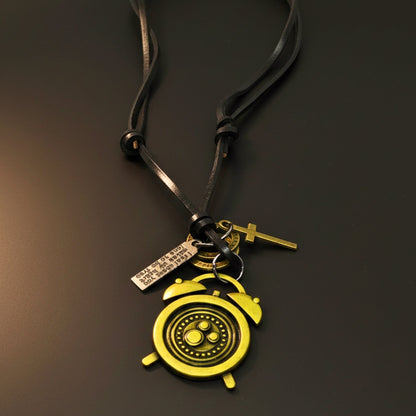 THE MEN THING Leather Necklace RETRO VINTAGE CLOCK – 1.8-Inch Pure Stainless Steel Pendant with Adjustable Leather Rope for Men & Boys