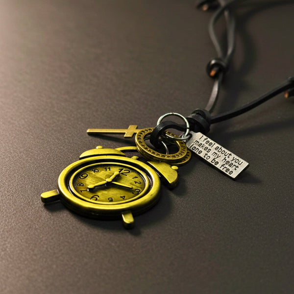 RETRO VINTAGE CLOCK – 1.8-Inch Pure Stainless Steel Pendant with Adjustable Leather Rope for Men & Boys