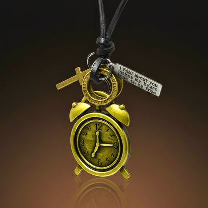 THE MEN THING Leather Necklace RETRO VINTAGE CLOCK – 1.8-Inch Pure Stainless Steel Pendant with Adjustable Leather Rope for Men & Boys