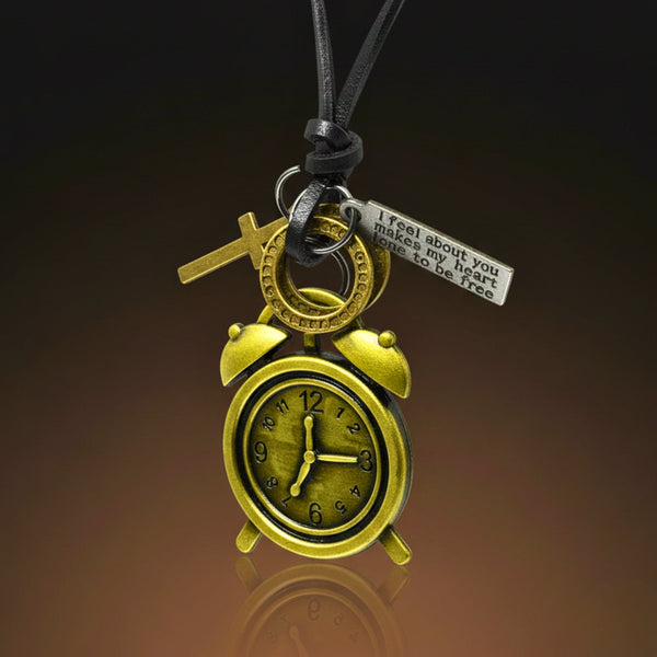 RETRO VINTAGE CLOCK – 1.8-Inch Pure Stainless Steel Pendant with Adjustable Leather Rope for Men & Boys
