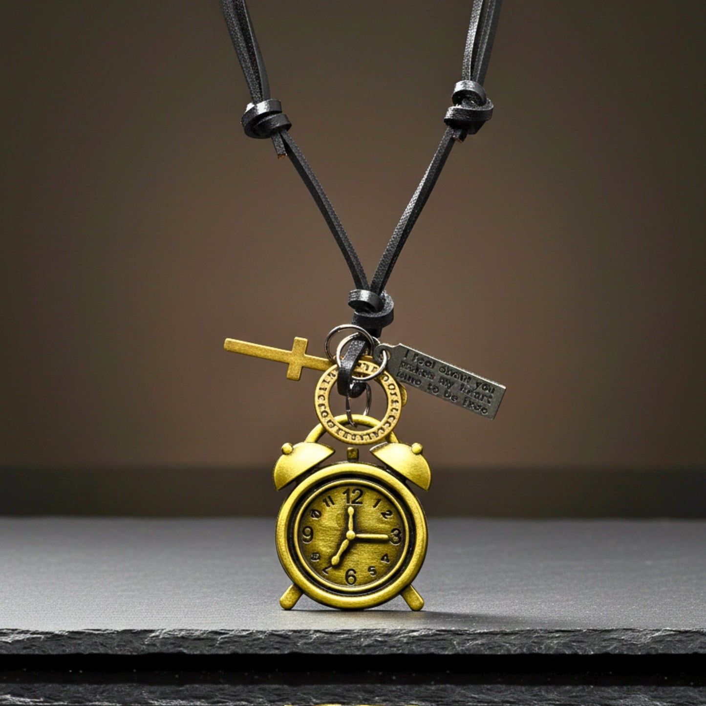 THE MEN THING Leather Necklace RETRO VINTAGE CLOCK – 1.8-Inch Pure Stainless Steel Pendant with Adjustable Leather Rope for Men & Boys