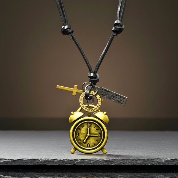 RETRO VINTAGE CLOCK – 1.8-Inch Pure Stainless Steel Pendant with Adjustable Leather Rope for Men & Boys