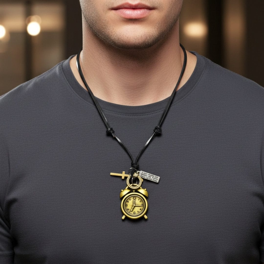THE MEN THING Leather Necklace RETRO VINTAGE CLOCK – 1.8-Inch Pure Stainless Steel Pendant with Adjustable Leather Rope for Men & Boys