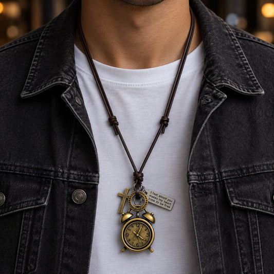 THE MEN THING Leather Necklace RETRO VINTAGE CLOCK – 1.8-Inch Pure Stainless Steel Pendant with Adjustable Leather Rope for Men & Boys