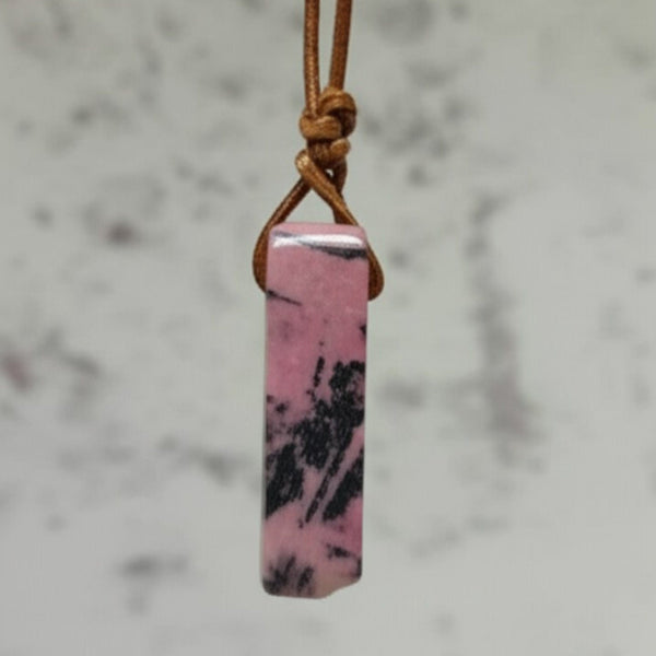 RHODONITE BLOOM - Natural Crystal Unshaped Pendant with Adjustable Rope Chain for Men and Boys
