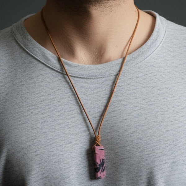 RHODONITE BLOOM - Natural Crystal Unshaped Pendant with Adjustable Rope Chain for Men and Boys