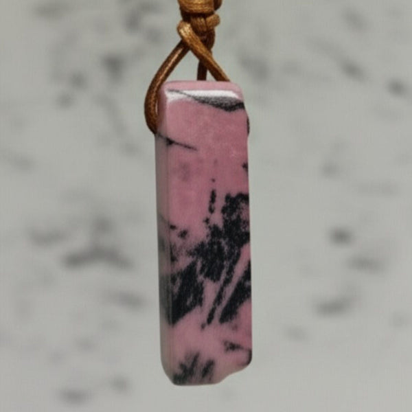 RHODONITE BLOOM - Natural Crystal Unshaped Pendant with Adjustable Rope Chain for Men and Boys