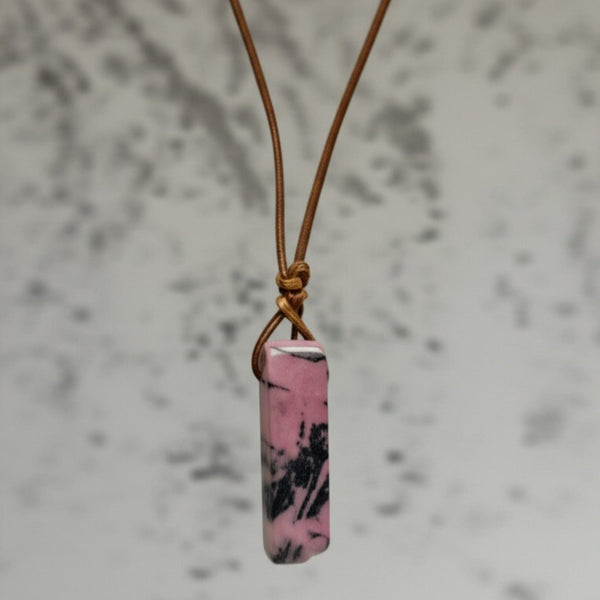RHODONITE BLOOM - Natural Crystal Unshaped Pendant with Adjustable Rope Chain for Men and Boys
