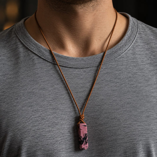 THE MEN THING Leather Necklace RHODONITE BLOOM - Natural Crystal Unshaped Pendant with Adjustable Rope Chain for Men and Boys