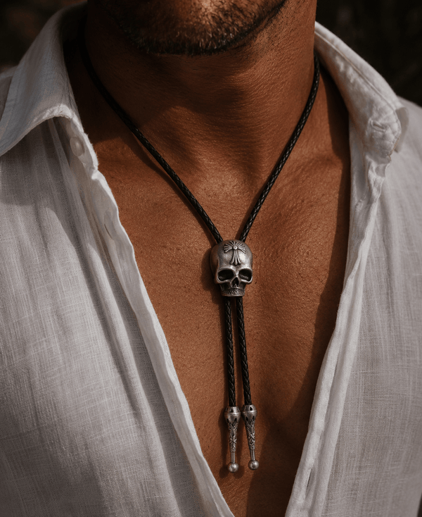 ROGER SKULL - Retro Alloy Pendant Bolo Tie | Adjustable Genuine Leather Cowboy Necktie Necklace for Men & Boys