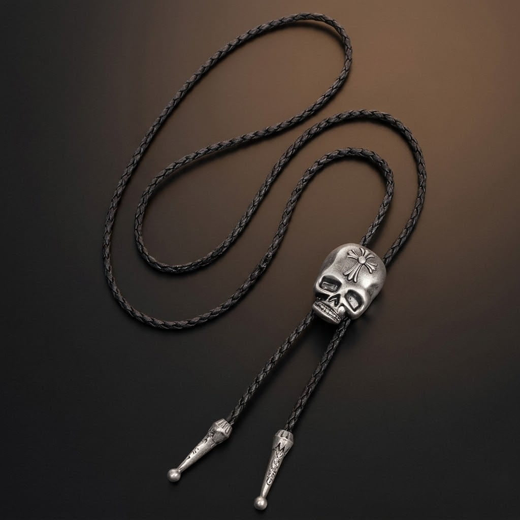 THE MEN THING Leather Necklace ROGER SKULL - Retro Alloy Pendant Bolo Tie | Adjustable Genuine Leather Cowboy Necktie Necklace for Men & Boys