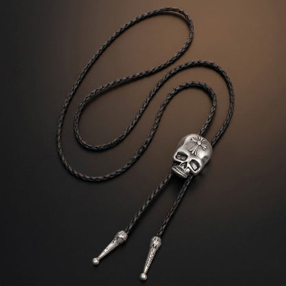THE MEN THING Leather Necklace ROGER SKULL - Retro Alloy Pendant Bolo Tie | Adjustable Genuine Leather Cowboy Necktie Necklace for Men & Boys