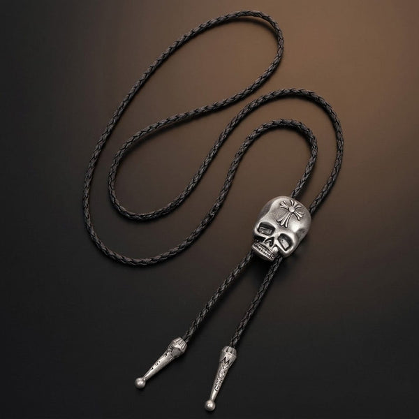 ROGER SKULL - Retro Alloy Pendant Bolo Tie | Adjustable Genuine Leather Cowboy Necktie Necklace for Men & Boys