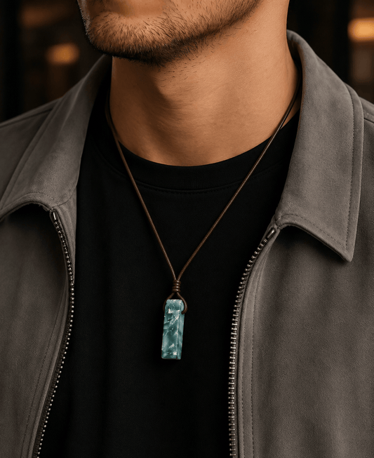 THE MEN THING Leather Necklace SERENITY MYSTIC STONE - Natural Crystal Unshaped Pendant with Adjustable Rope Chain for Men and Boys