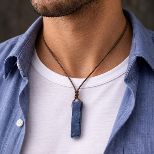 THE MEN THING Leather Necklace SERENITY MYSTIC STONE - Natural Crystal Unshaped Pendant with Adjustable Rope Chain for Men and Boys