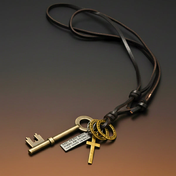 SILVER KEY OF FAITH   – 2.5-Inch Pure Stainless Steel Pendant with  Adjustable Leather Rope for Men & Boys