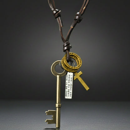 THE MEN THING Leather Necklace SILVER KEY OF FAITH   – 2.5-Inch Pure Stainless Steel Pendant with  Adjustable Leather Rope for Men & Boys