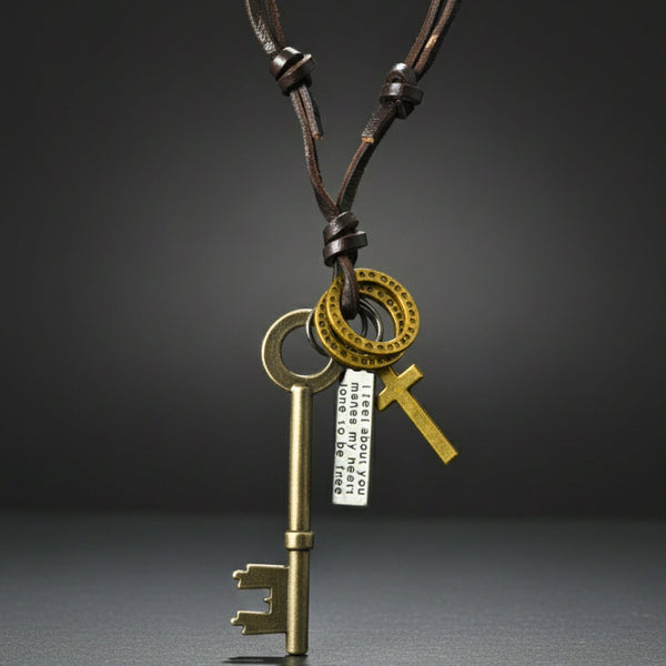 SILVER KEY OF FAITH   – 2.5-Inch Pure Stainless Steel Pendant with  Adjustable Leather Rope for Men & Boys