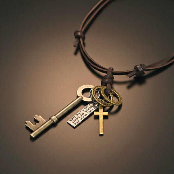 SILVER KEY OF FAITH   – 2.5-Inch Pure Stainless Steel Pendant with  Adjustable Leather Rope for Men & Boys