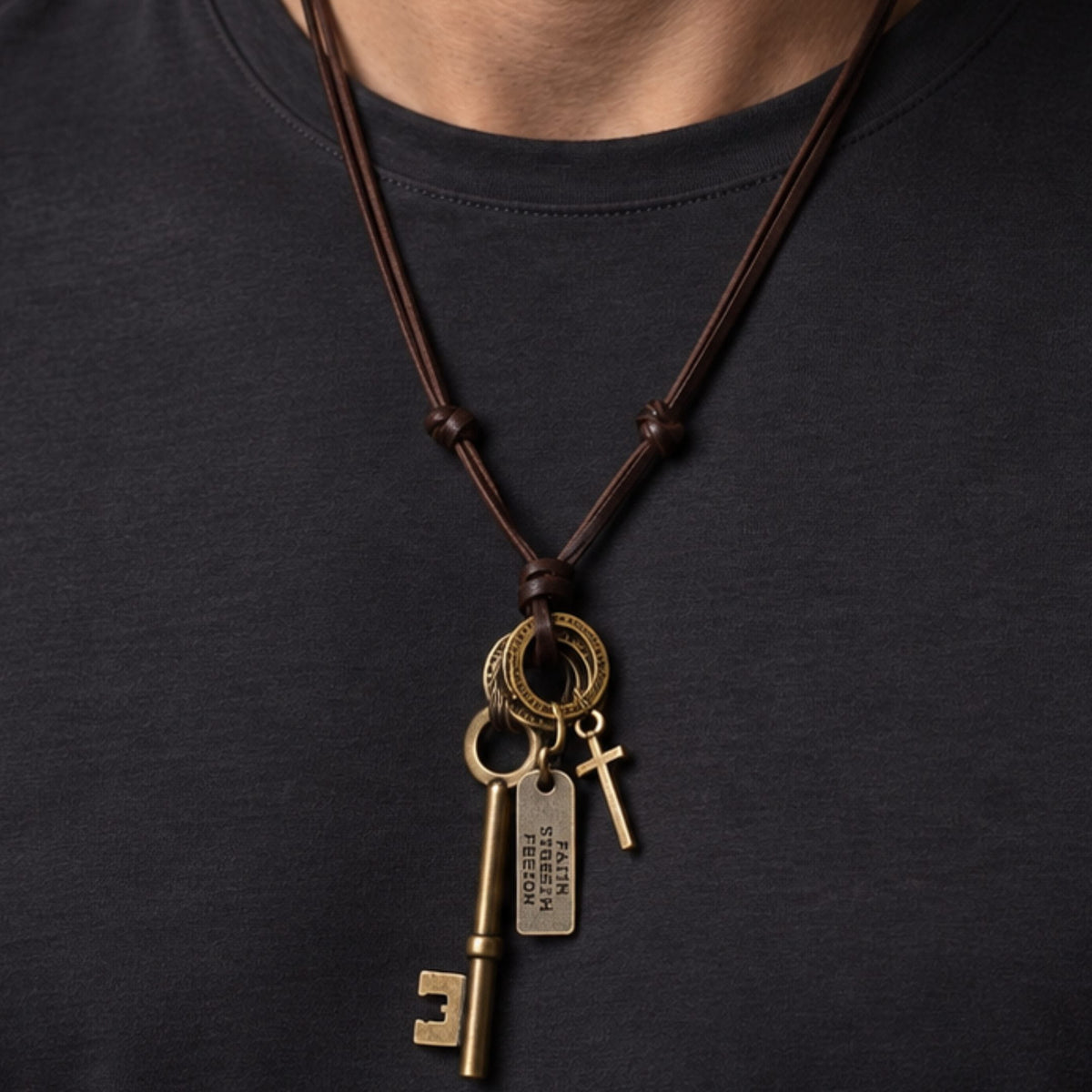 THE MEN THING Leather Necklace SILVER KEY OF FAITH   – 2.5-Inch Pure Stainless Steel Pendant with  Adjustable Leather Rope for Men & Boys