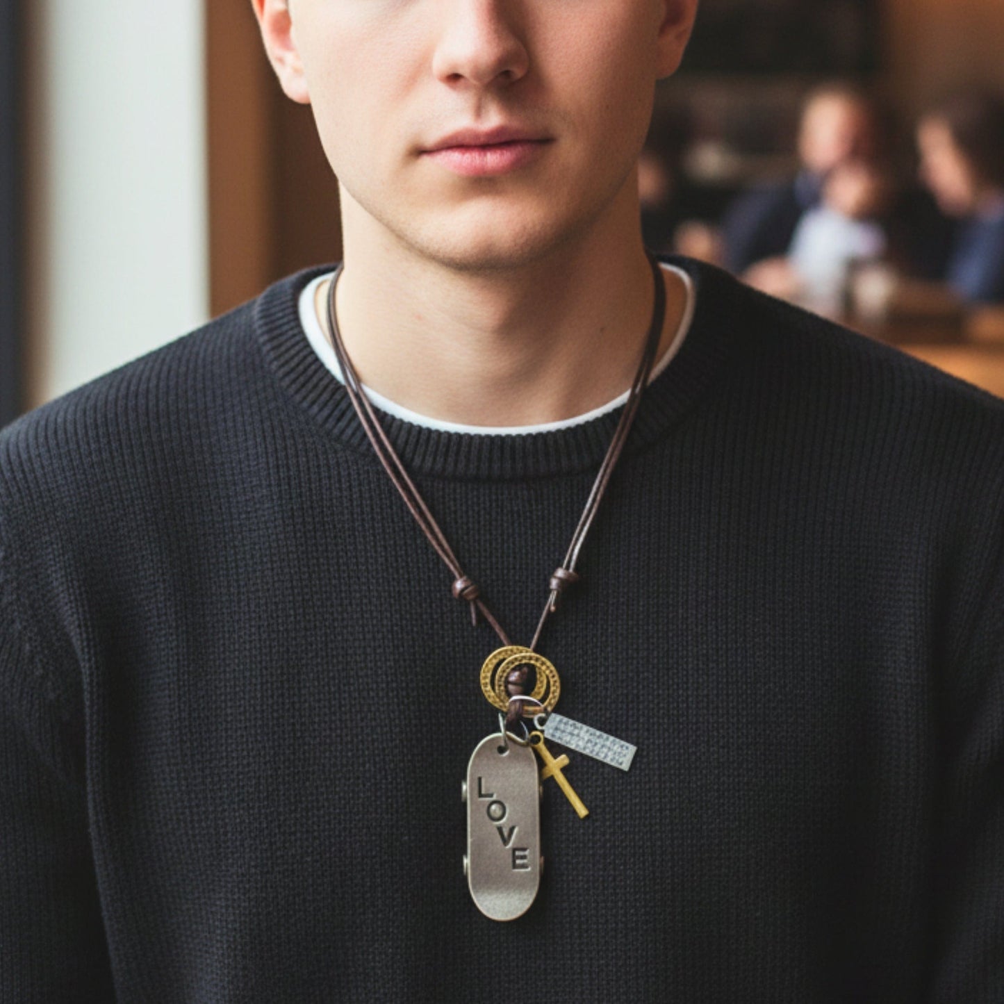 THE MEN THING Leather Necklace SILVER SKATE LOVE – 2-Inch Pure Stainless Steel Pendant with Adjustable Brown Leather Rope for Men & Boys