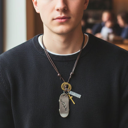 THE MEN THING Leather Necklace SILVER SKATE LOVE – 2-Inch Pure Stainless Steel Pendant with Adjustable Brown Leather Rope for Men & Boys