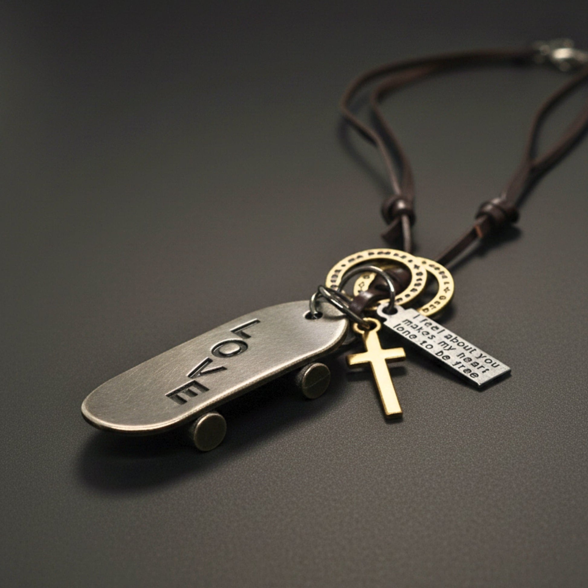 THE MEN THING Leather Necklace SILVER SKATE LOVE – 2-Inch Pure Stainless Steel Pendant with Adjustable Brown Leather Rope for Men & Boys