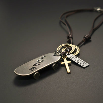 THE MEN THING Leather Necklace SILVER SKATE LOVE – 2-Inch Pure Stainless Steel Pendant with Adjustable Brown Leather Rope for Men & Boys