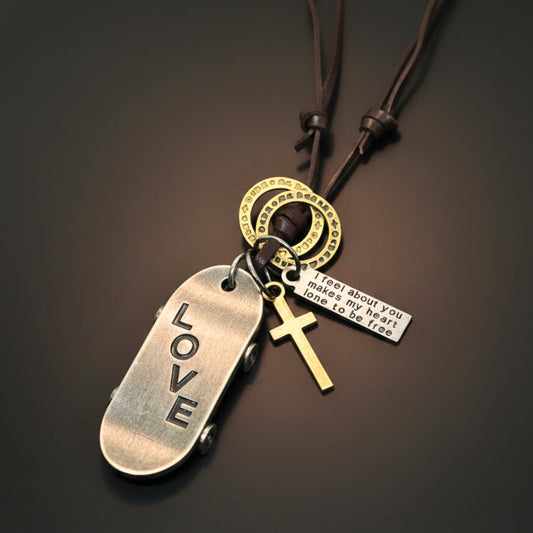 THE MEN THING Leather Necklace SILVER SKATE LOVE – 2-Inch Pure Stainless Steel Pendant with Adjustable Brown Leather Rope for Men & Boys