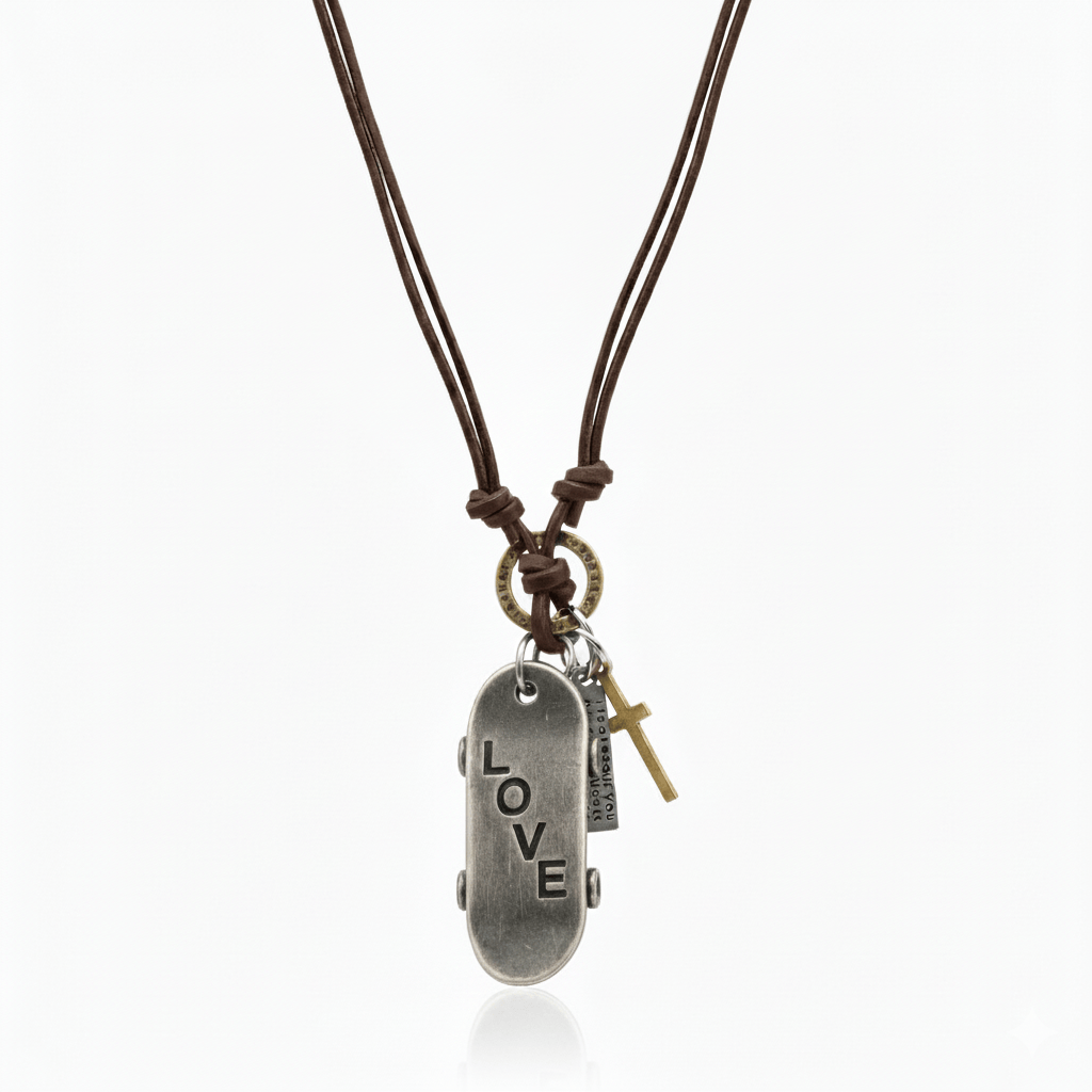 THE MEN THING Leather Necklace SILVER SKATE LOVE – 2-Inch Pure Stainless Steel Pendant with Adjustable Brown Leather Rope for Men & Boys