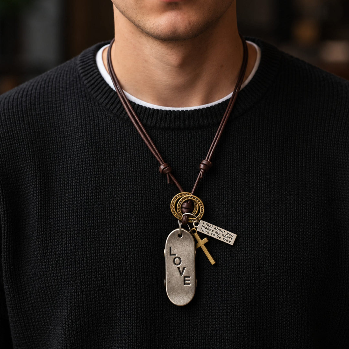 THE MEN THING Leather Necklace SILVER SKATE LOVE – 2-Inch Pure Stainless Steel Pendant with Adjustable Brown Leather Rope for Men & Boys