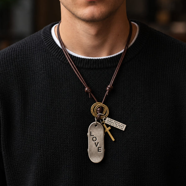 SILVER SKATE LOVE – 2-Inch Pure Stainless Steel Pendant with Adjustable Brown Leather Rope for Men & Boys