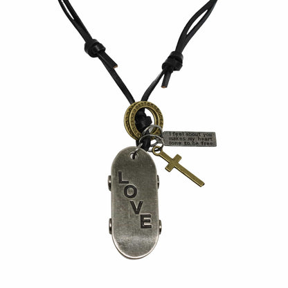THE MEN THING Leather Necklace SILVER SKATE LOVE – 2-Inch Pure Stainless Steel Pendant with Adjustable Dark Brown Leather Rope for Men & Boys