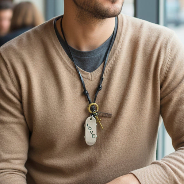 SILVER SKATE LOVE – 2-Inch Pure Stainless Steel Pendant with Adjustable Dark Brown Leather Rope for Men & Boys