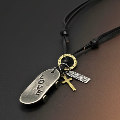 THE MEN THING Leather Necklace SILVER SKATE LOVE – 2-Inch Pure Stainless Steel Pendant with Adjustable Dark Brown Leather Rope for Men & Boys