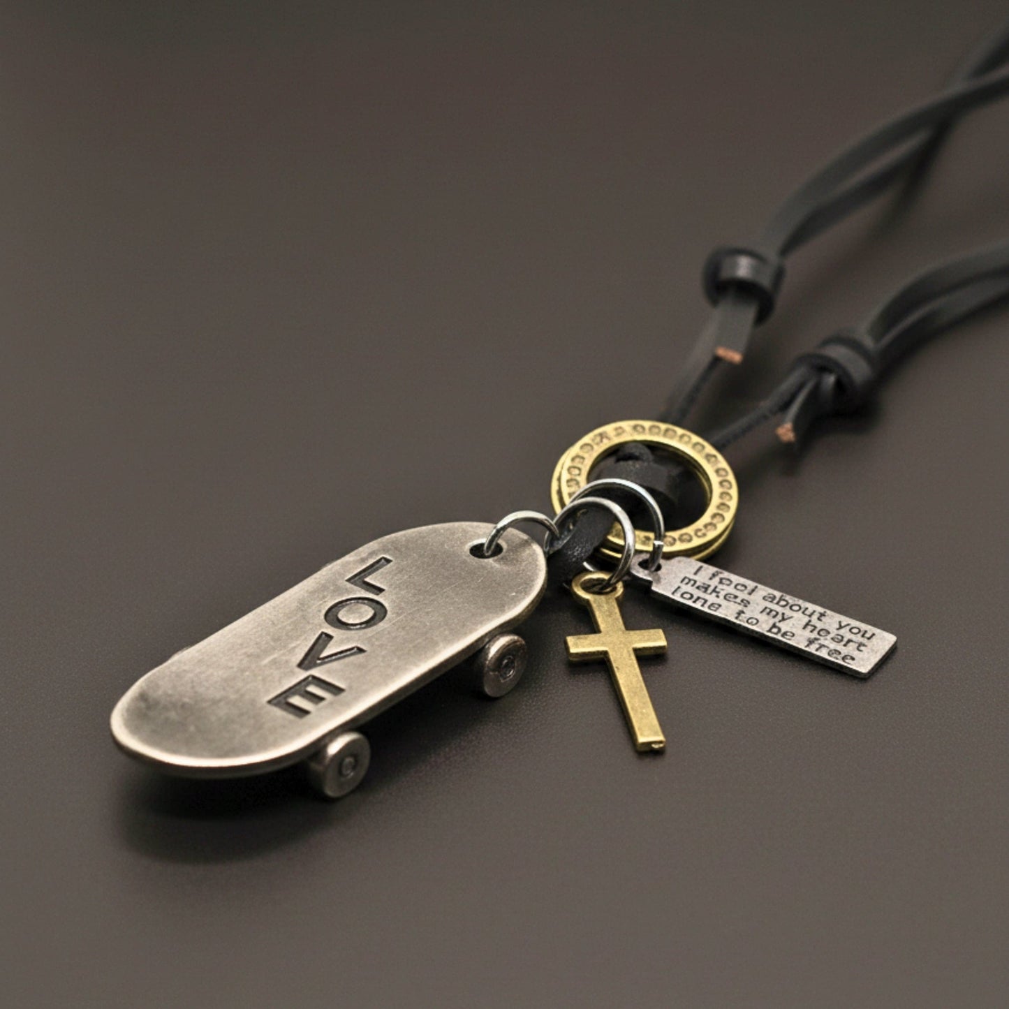 THE MEN THING Leather Necklace SILVER SKATE LOVE – 2-Inch Pure Stainless Steel Pendant with Adjustable Dark Brown Leather Rope for Men & Boys