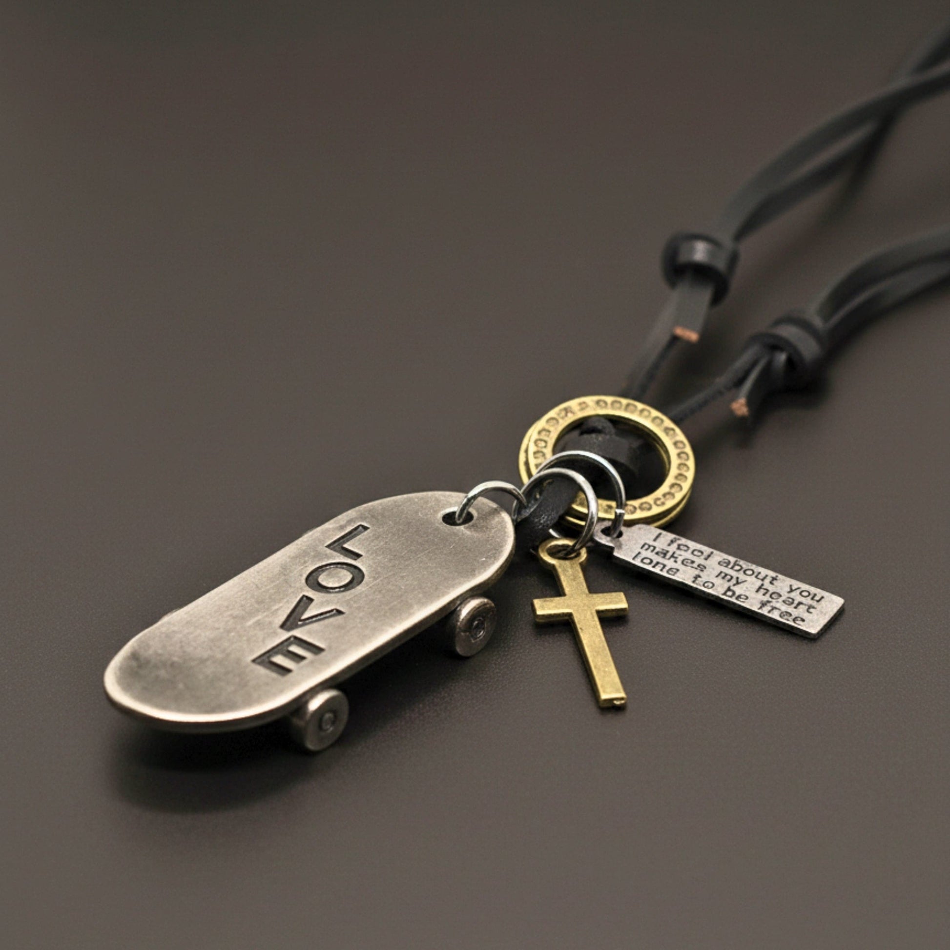 THE MEN THING Leather Necklace SILVER SKATE LOVE – 2-Inch Pure Stainless Steel Pendant with Adjustable Dark Brown Leather Rope for Men & Boys