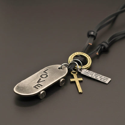 THE MEN THING Leather Necklace SILVER SKATE LOVE – 2-Inch Pure Stainless Steel Pendant with Adjustable Dark Brown Leather Rope for Men & Boys